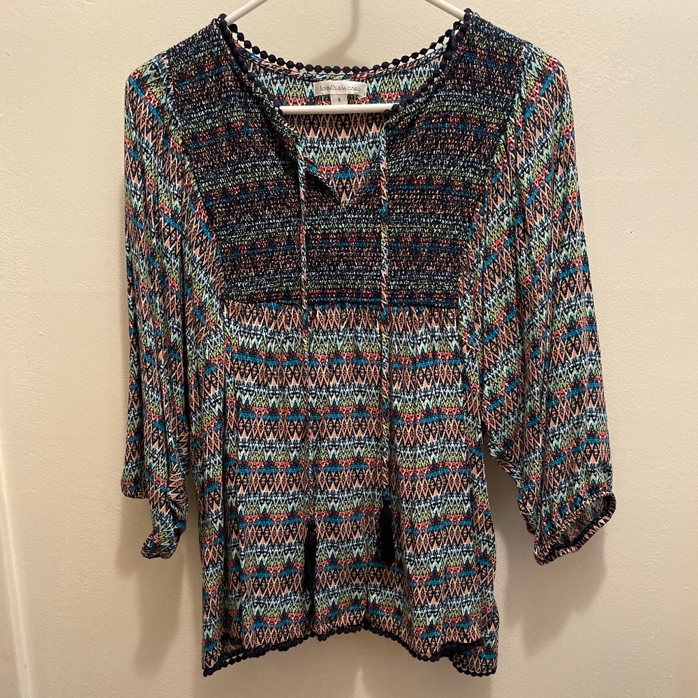 John Paul Richard 3/4 slv geometric print top-size small